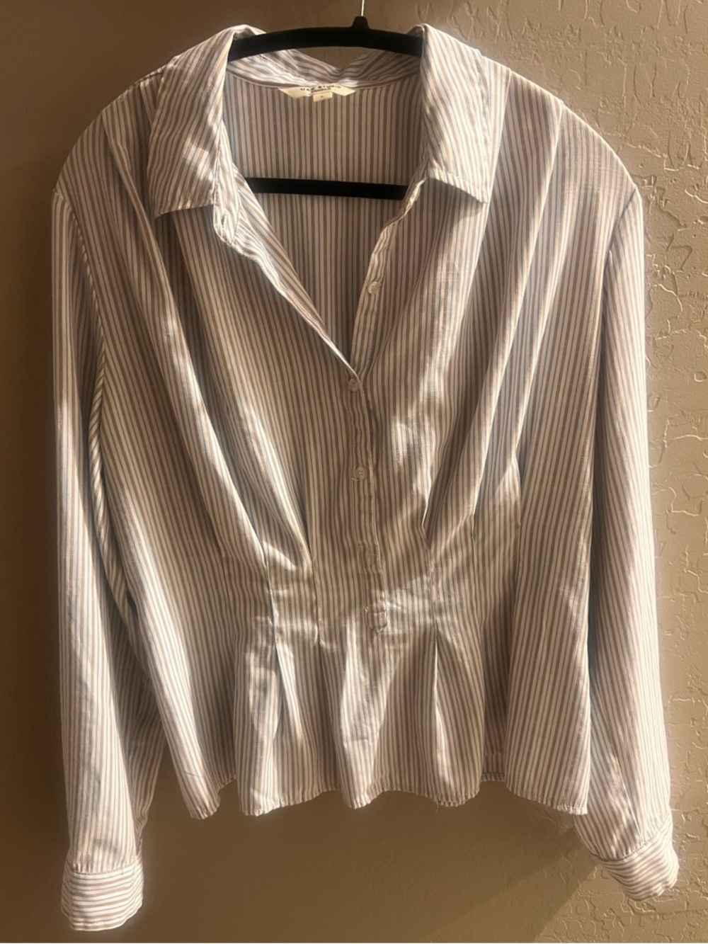 Max Studio Striped Button-Up Shirt in White and Light Blue